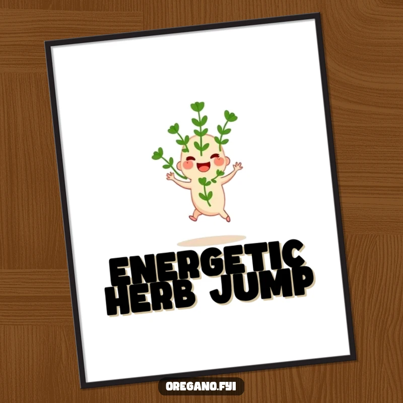 Funny digital art of a joyful oregano sprig doing a happy hop, perfect for adding fresh energy and herbaceous charm.