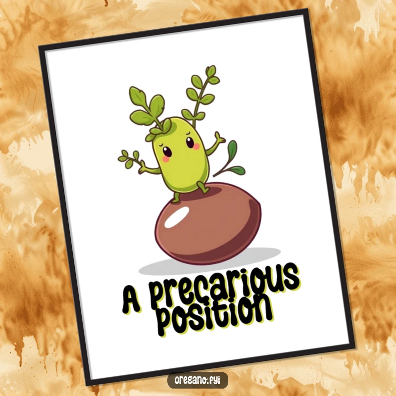 Funny digital art print of an oregano leaf character in a balancing act on a wobbly olive pit.