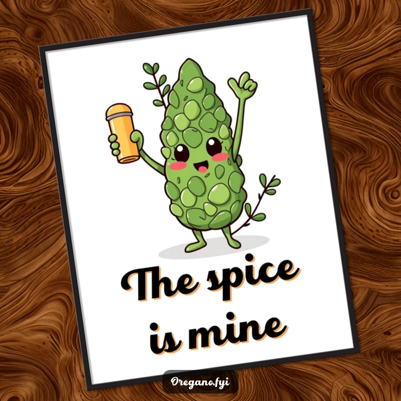 Funny digital art print of a triumphant oregano leaf character holding a golden spice shaker aloft.