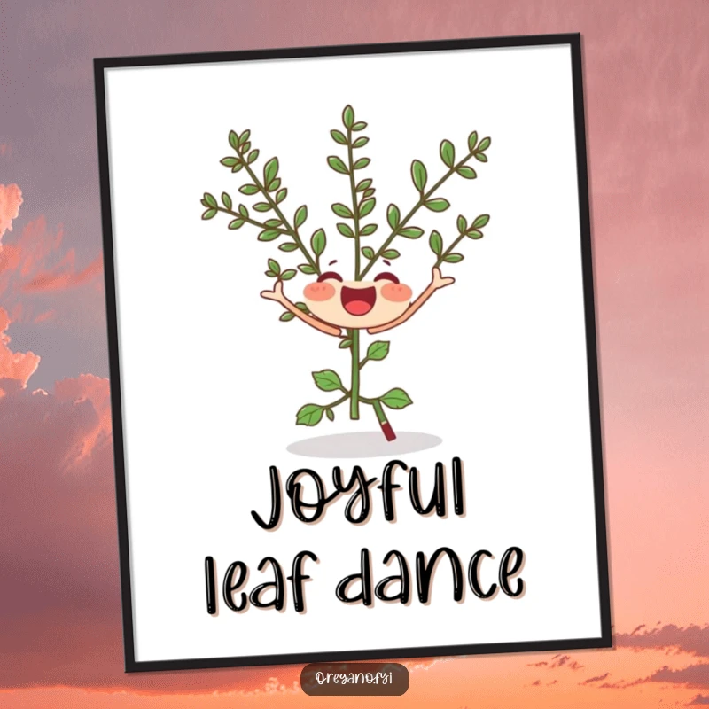 Funny digital art print of a joyful oregano sprig doing a silly twirl, vibrant and humorous herb-themed artwork.