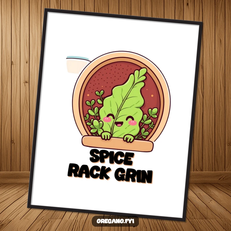 Funny digital art print of a peeking oregano leaf character with a grin in a spice rack, whimsical wall decor.