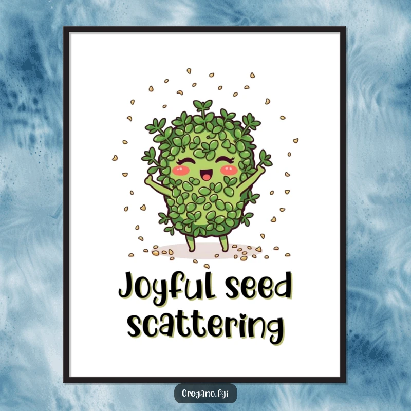 Funny oregano character joyfully scatters seeds like confetti, bringing a garden-themed humorous vibe to art.