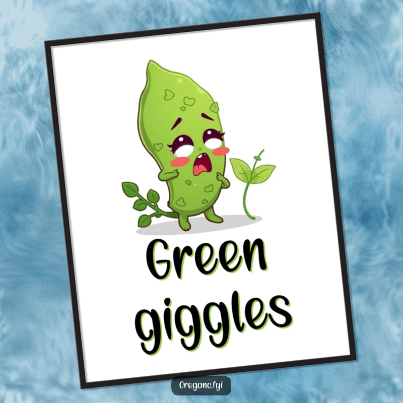 Funny digital art print of an oregano leaf character in exaggerated surprise, being tickled by a tiny basil leaf.