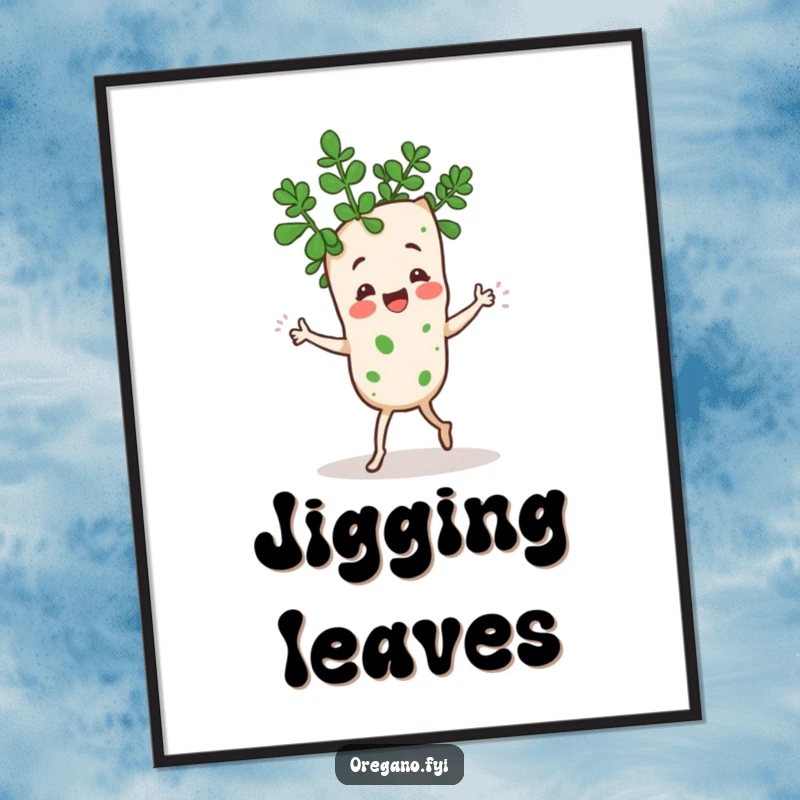 Funny Kawaii oregano sprig character doing a goofy dance with leaves, digital art with lively and humorous theme, instant download.