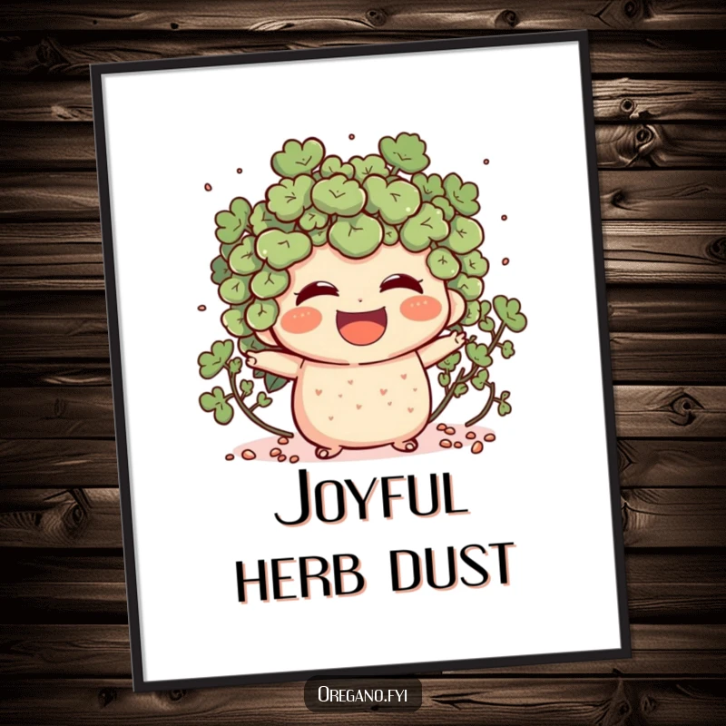 Funny digital art print of an oregano character laughing heartily, with tiny specks scattering dynamically, conveying pure joy.