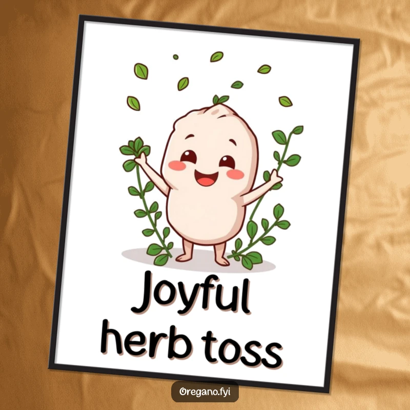 Funny oregano character with a big smile, tossing herb leaves, digital art print for cheerful decor.