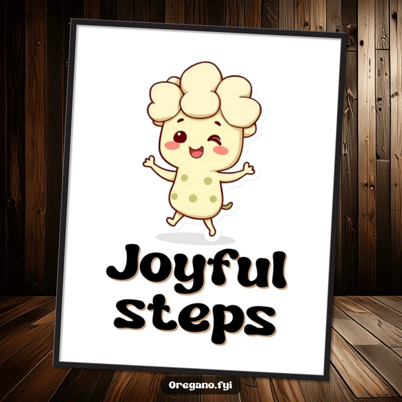 Funny digital art print of a smiling oregano character dancing joyfully, bringing vibrant, herbaceous happiness to the wall.