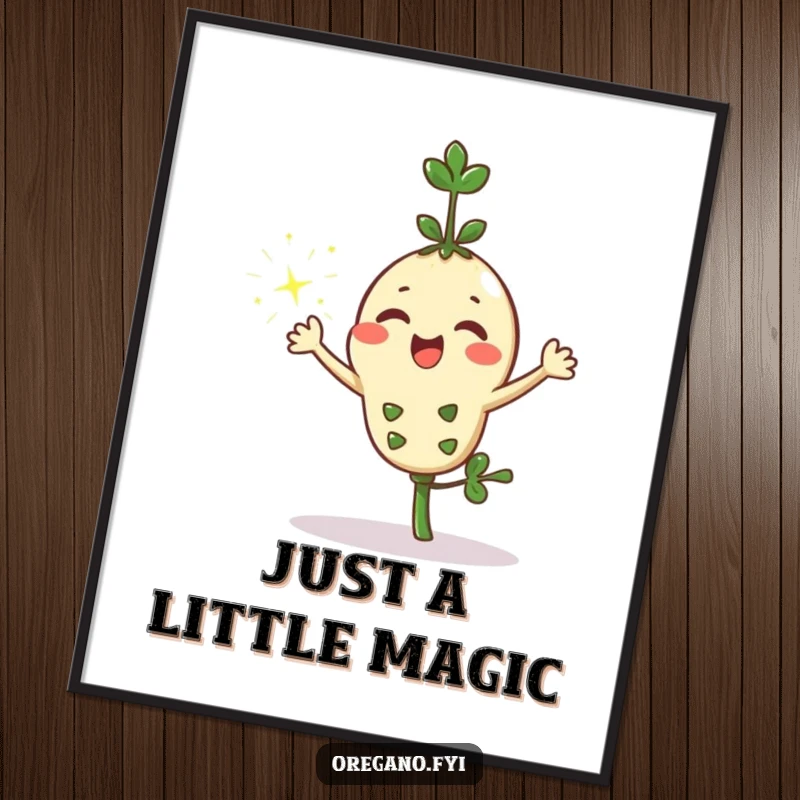 Funny kawaii oregano sprig character excitedly sprinkling effervescent sparkles from its leaves, presented as a vibrant digital art print.