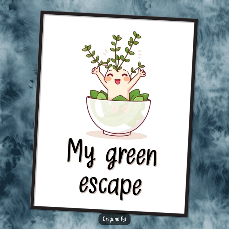 Funny Kawaii oregano sprig character joyfully leaping into a tiny salad bowl, high-resolution digital art for humorous decor.