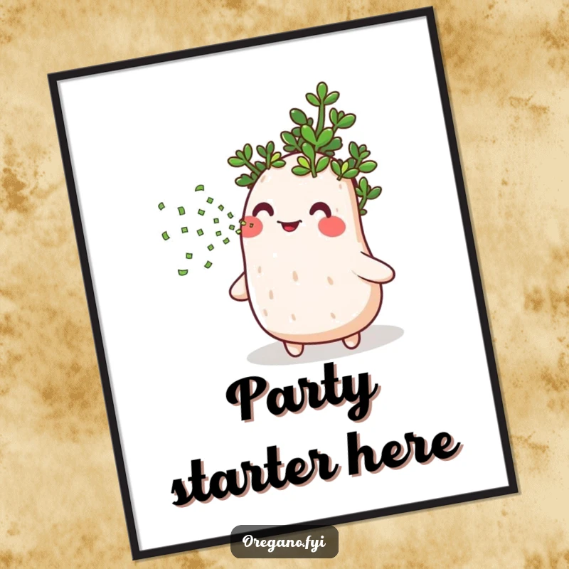 Funny digital art print of a joyful oregano herb enthusiastically blowing a stream of tiny green confetti, creating a vibrant scene.