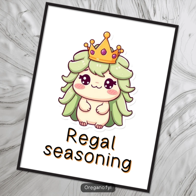 Funny digital art print of a regal oregano character wearing a tiny crown, looking majestically amusing and distinguished.