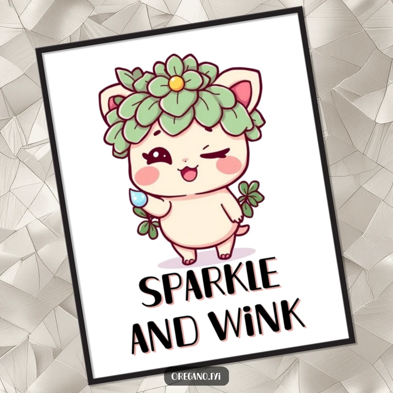 Funny digital art print of a mischievous oregano character winking and offering a sparkling dewdrop, vibrant and humorous herb-themed artwork.
