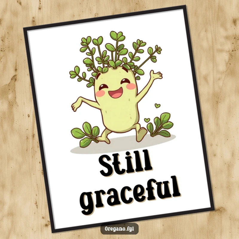 Funny digital art print of a cheerful oregano sprig character comically tripping and landing with a grin, instant humorous decor.