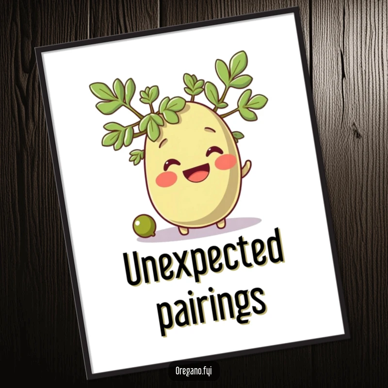 Funny oregano sprig character smiling as a small olive rolls by, cheerful and humorous printable art.