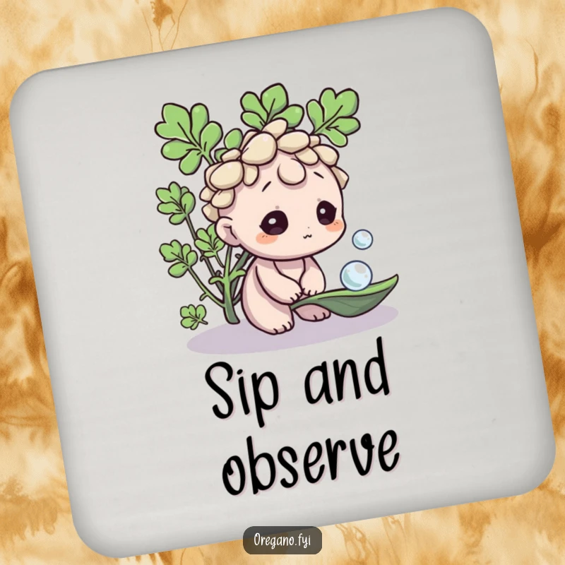 Funny Oregano coaster, a curious herb character observing a dewdrop on a leaf, protecting surfaces with gentle humor. A decorative home gift.