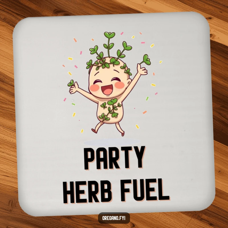 Funny oregano sprig dancing with confetti on coasters, for festive table protection.