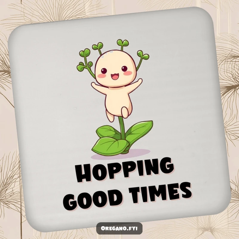 Funny drink coasters showcasing a cute kawaii oregano herb hopping on a leaf, adding vibrant energy to any table.