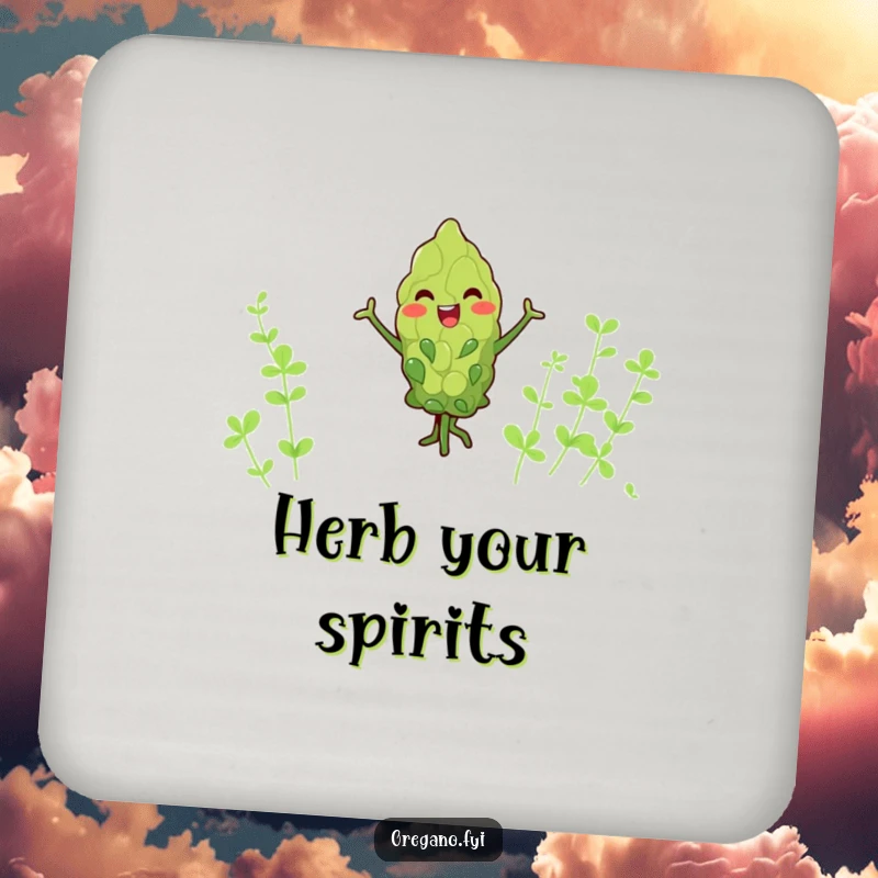 Funny kawaii oregano leaf coaster, joyfully dancing with tiny arms, protects surfaces with humor, a charming addition to any table.