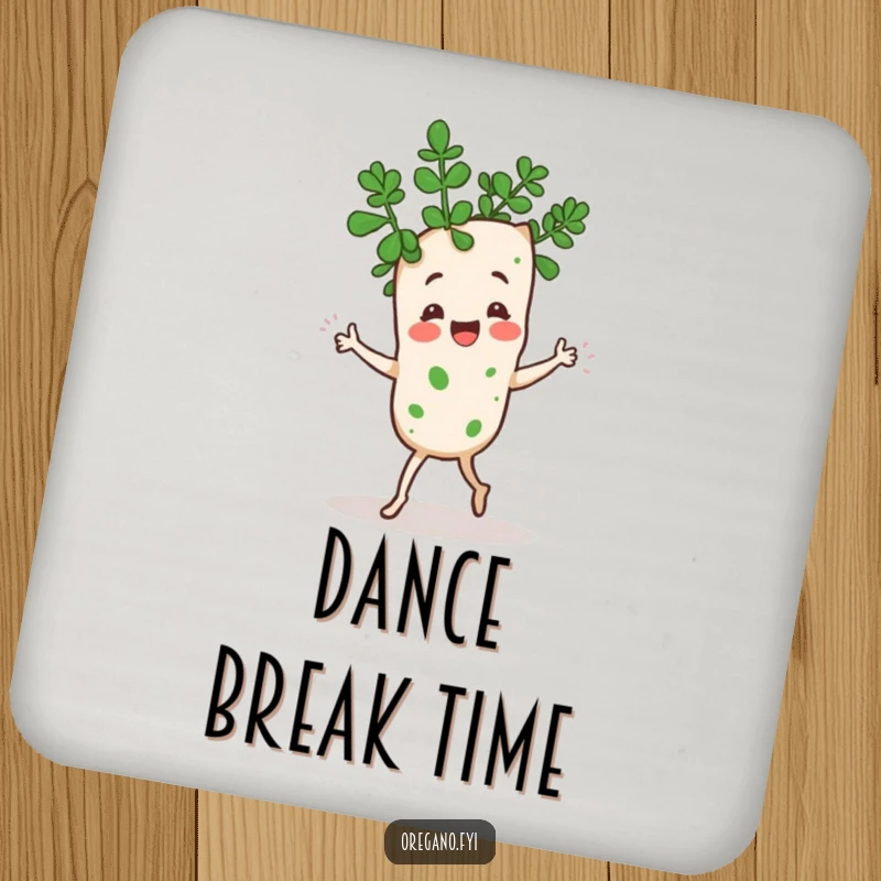 Funny Kawaii oregano sprig character doing a silly jig with its leaves, set of coasters with lively and humorous theme, protects furniture.