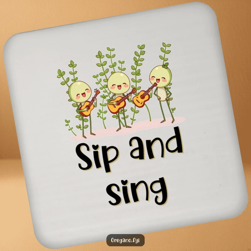 Funny drink coaster featuring oregano sprigs happily harmonizing with leaf-shaped instruments, adding musical humor to drink settings.
