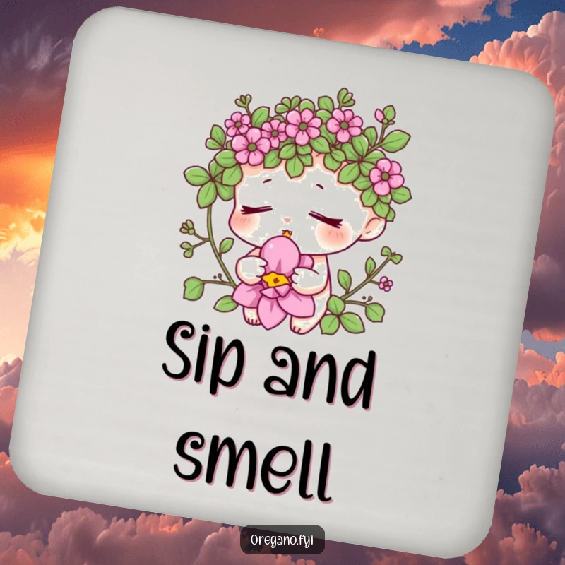 Funny oregano bloom coaster with a relaxed herb character smelling a flower, adding a touch of zen to tabletops. Decorative and humorous accessory.
