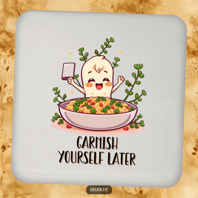 Funny Oregano coaster, a quirky herb character enthusiastically seasoning a dish, protecting surfaces with humor and style. A fun home accessory gift.