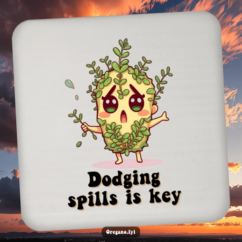 Funny coaster: An oregano character looks shocked dodging a falling herb sprig, a humorous addition to any table.