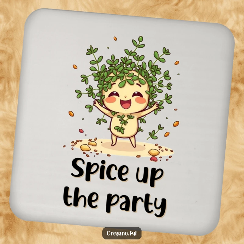 Funny Oregano Coasters: A scattering kawaii oregano sprig tosses imaginary spices, adding funny flair to protect surfaces.