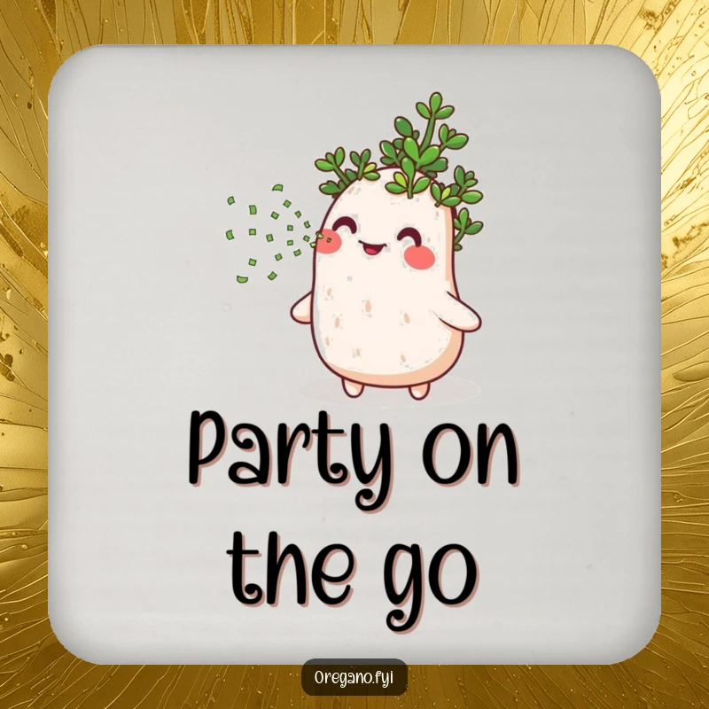 Funny drink coasters showcasing a happy oregano herb joyfully blowing tiny green confetti, protecting surfaces with festive flair.