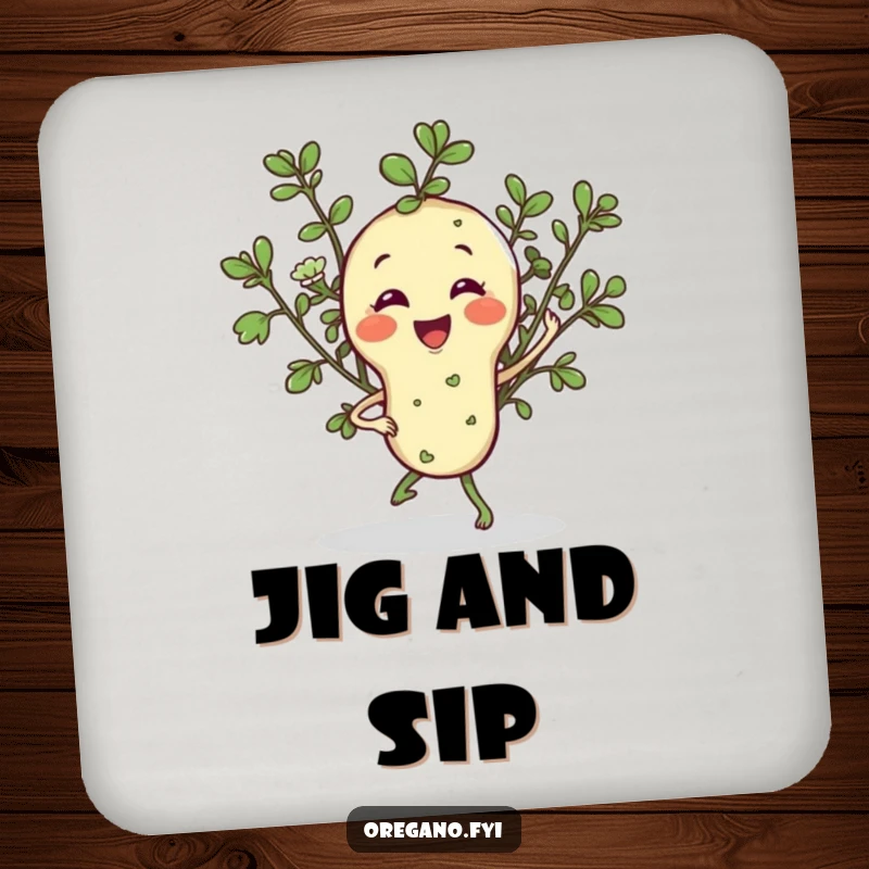 Funny drink coaster featuring a smiling oregano sprig character doing a jaunty jig, adding a touch of herbal humor and surface protection.