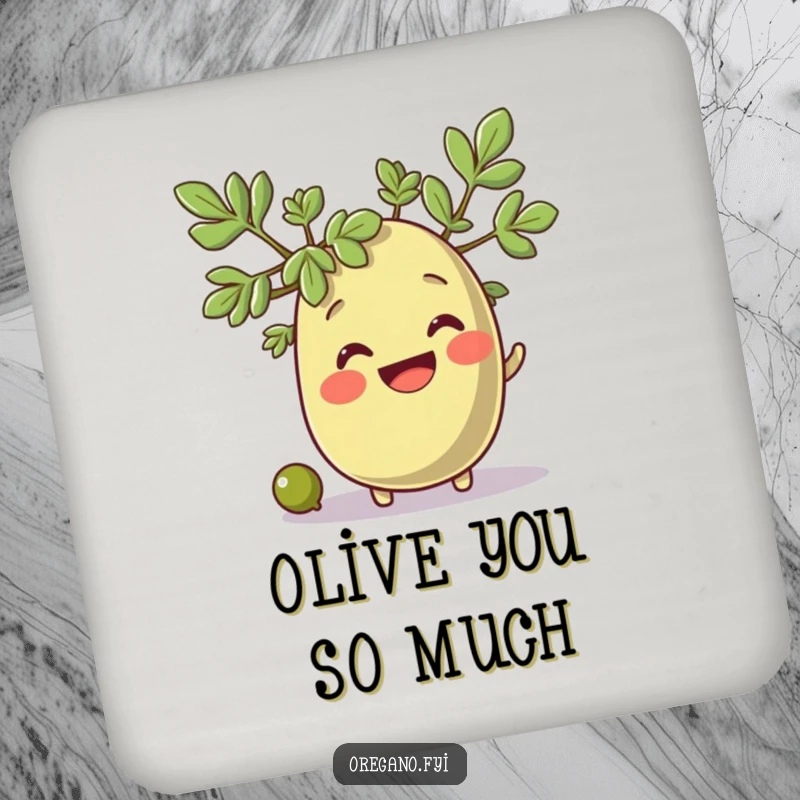 Funny oregano character with a wide smile watches a tiny olive roll by, a humorous coaster.