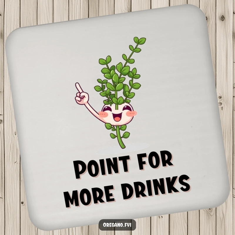 Funny smiling oregano sprig coaster pointing upwards with a tiny leaf, protects surfaces with humor, a charming addition to any table.
