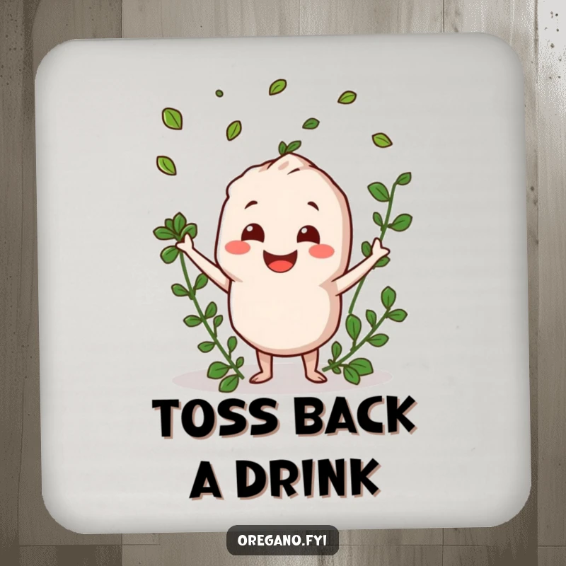 Funny oregano character smiling and tossing herb leaves on coasters, for cheerful table protection.