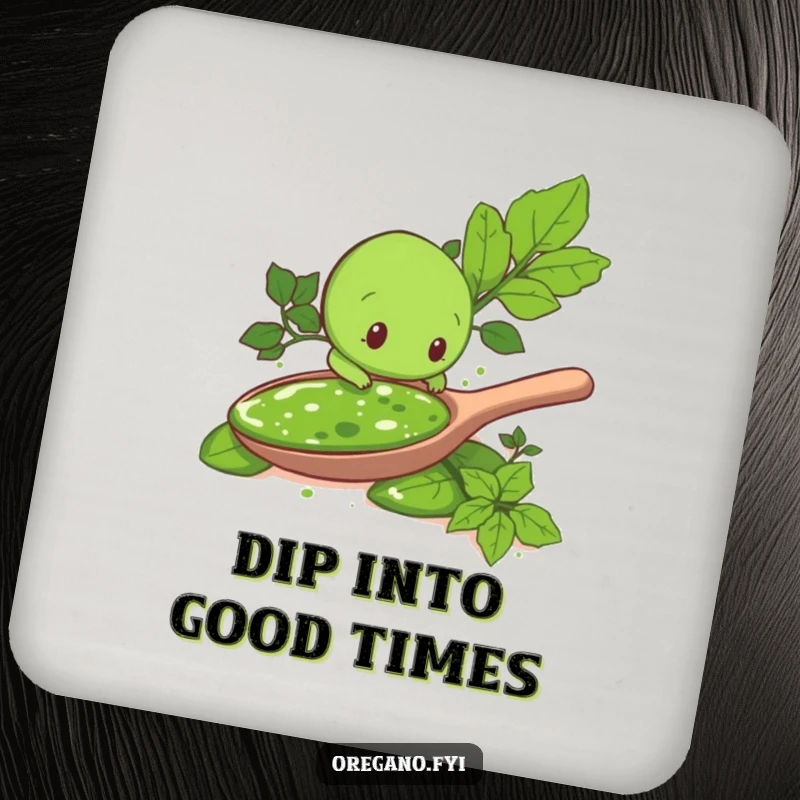 Funny drink coaster: An oregano leaf character humorously exploring a giant spoonful of pesto, adding a touch of wit to your table.