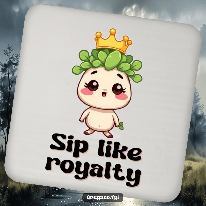 Funny drink coaster featuring a regal oregano sprig character with a tiny crown, offering humorous royal protection for tabletops.