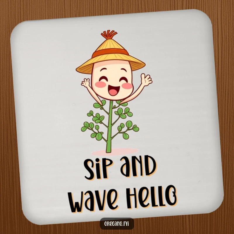 Cheerful oregano sprig character in a straw hat waves hello, designed to protect surfaces humorously.