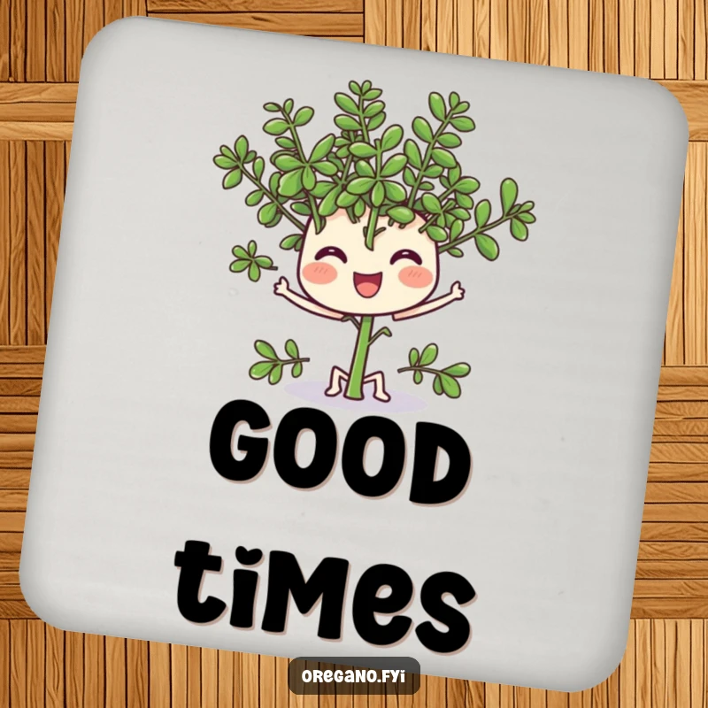 Funny drink coasters featuring a happy oregano sprig wiggling its leaves, protecting surfaces with herbaceous humor.