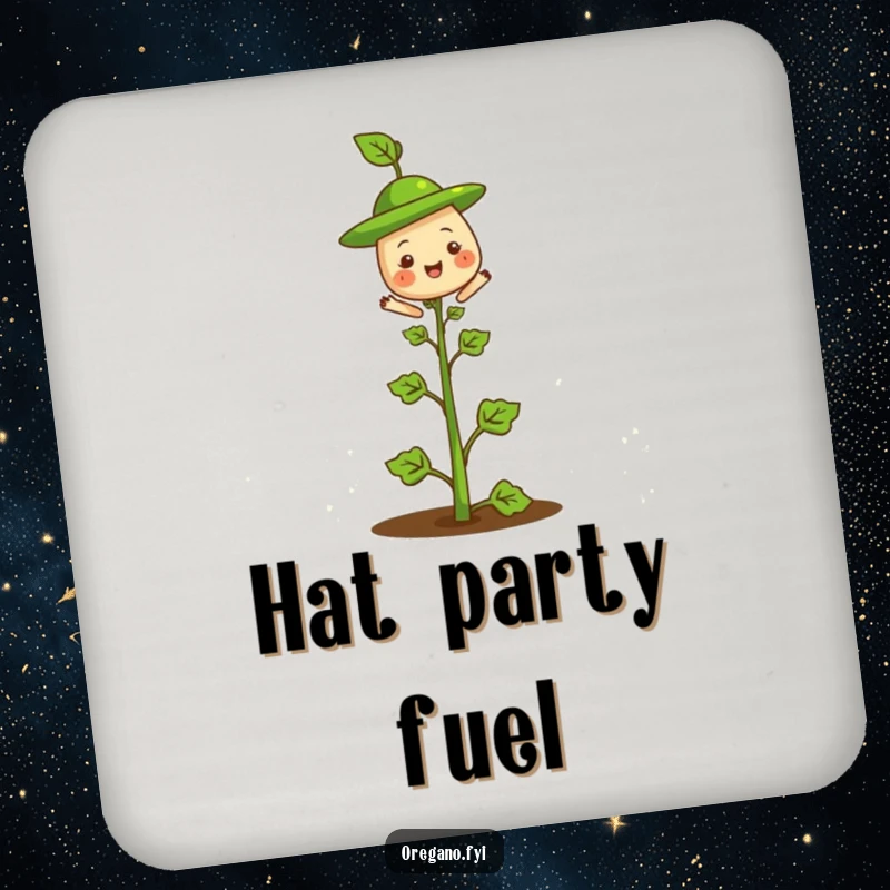 Funny drink coasters showcasing a cheerful oregano herb with a tiny leaf hat on its stem, adding charm to any table.
