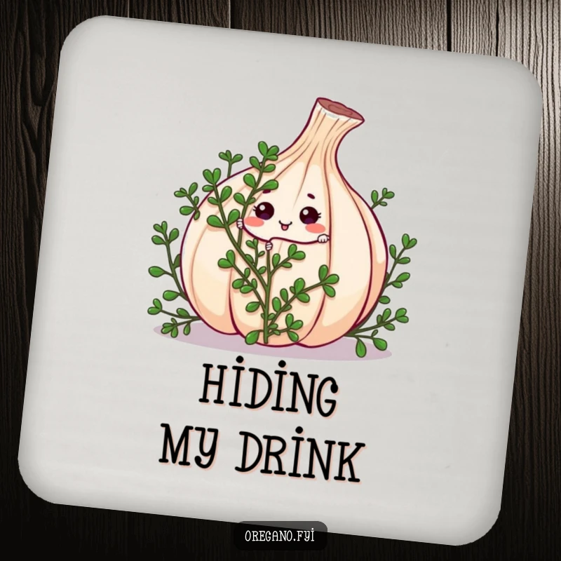 Funny kawaii oregano sprig character playing peek-a-boo from behind a large garlic clove on a protective drink coaster, a cute accessory.