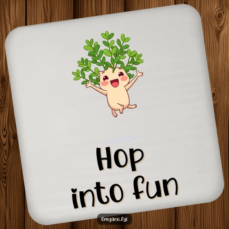 Funny coaster showing a cheerful oregano sprig performing a happy jump on a bouncy leaf, full of energy.