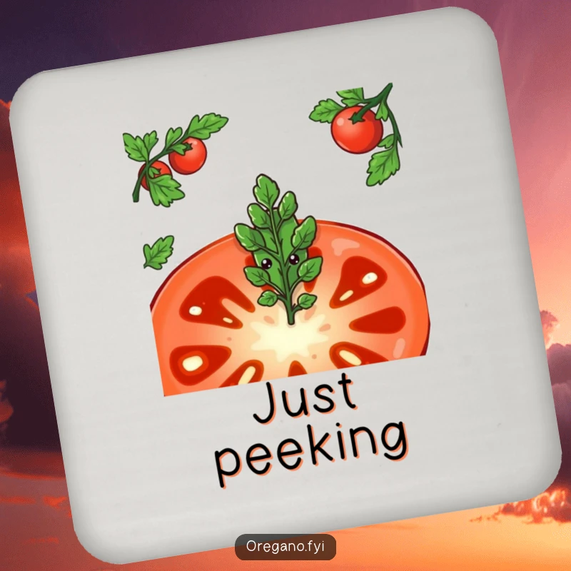 Funny drink coaster set featuring a shy oregano leaf character peeking from behind a large tomato slice, adding gentle humor.