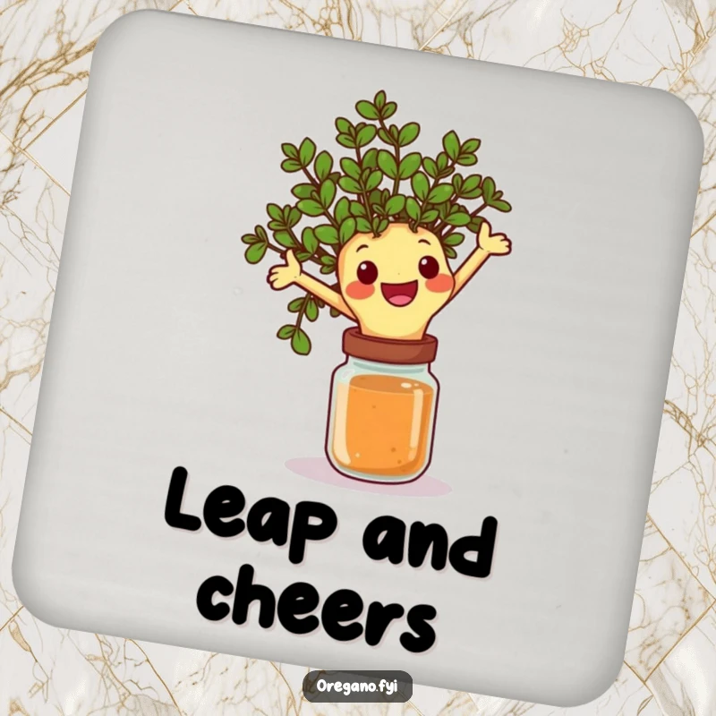 Funny drink coaster featuring a happy oregano sprig character joyfully leaping over a spice jar, adding a touch of herbal energy and surface protection.