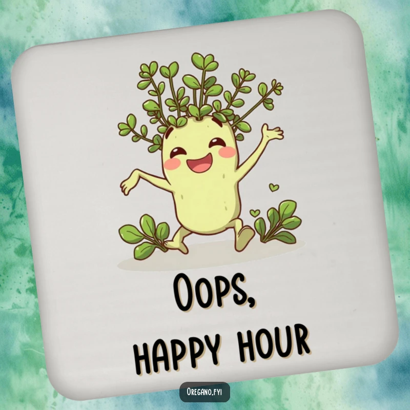 Funny coasters with a cheerful oregano sprig character comically tripping and landing with a smile, protecting surfaces humorously.