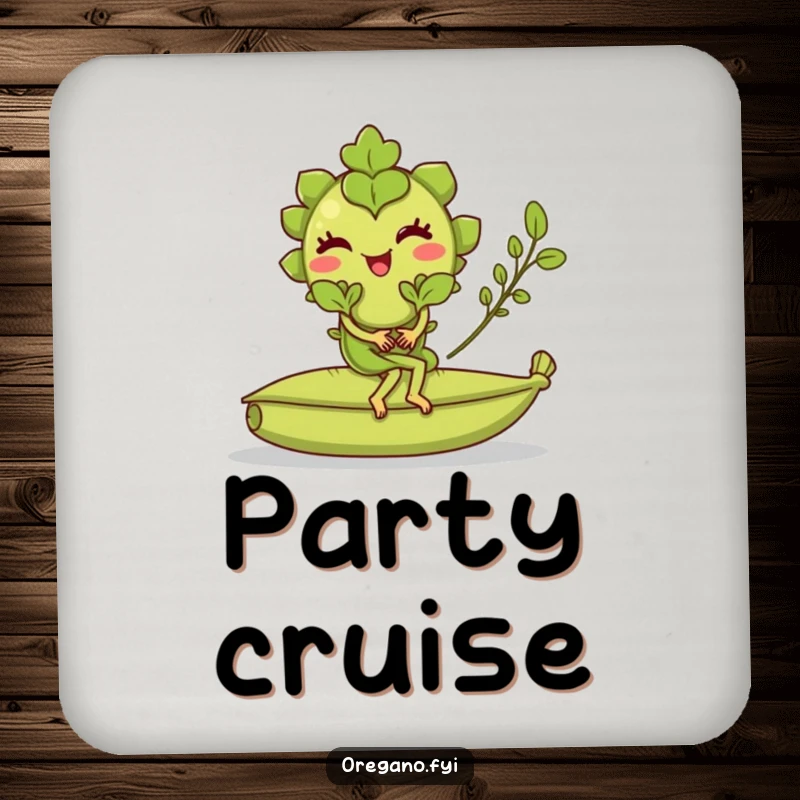 Funny drink coaster with a winking oregano leaf character riding a rolling bay leaf, a cute and humorous accessory.