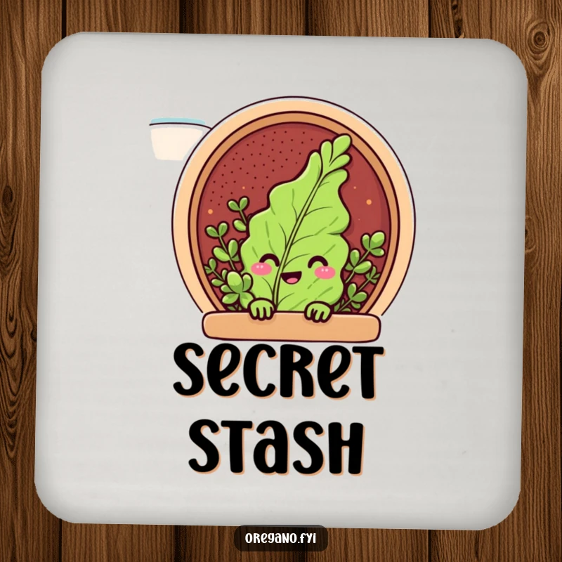 Funny drink coaster with a peeking oregano leaf character from a spice rack, a cute and humorous home accessory.