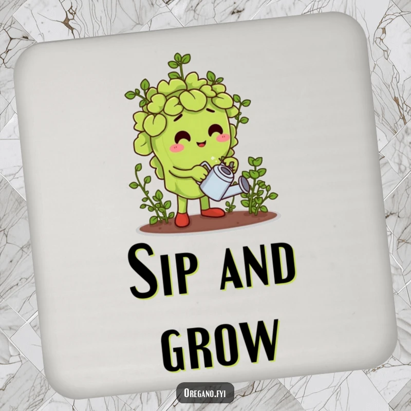 Funny drink coaster set featuring an oregano leaf character watering a miniature herb garden, adding botanical humor and surface protection.