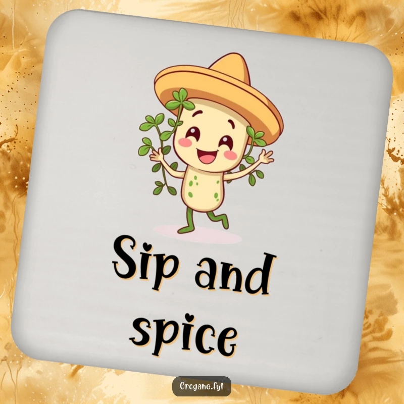 Funny coaster showing a smiling oregano sprig in a tiny sombrero, dancing with a festive, fun vibe.