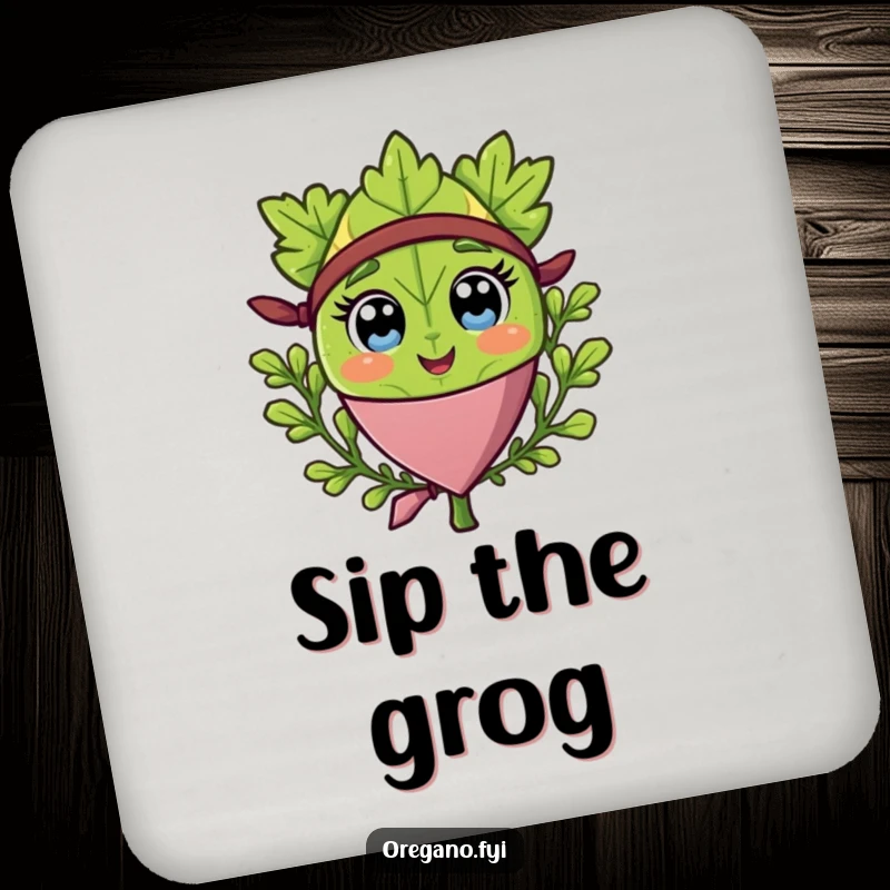 Funny drink coaster with a happy oregano leaf wearing a pirate bandana, for pirate-themed tables.