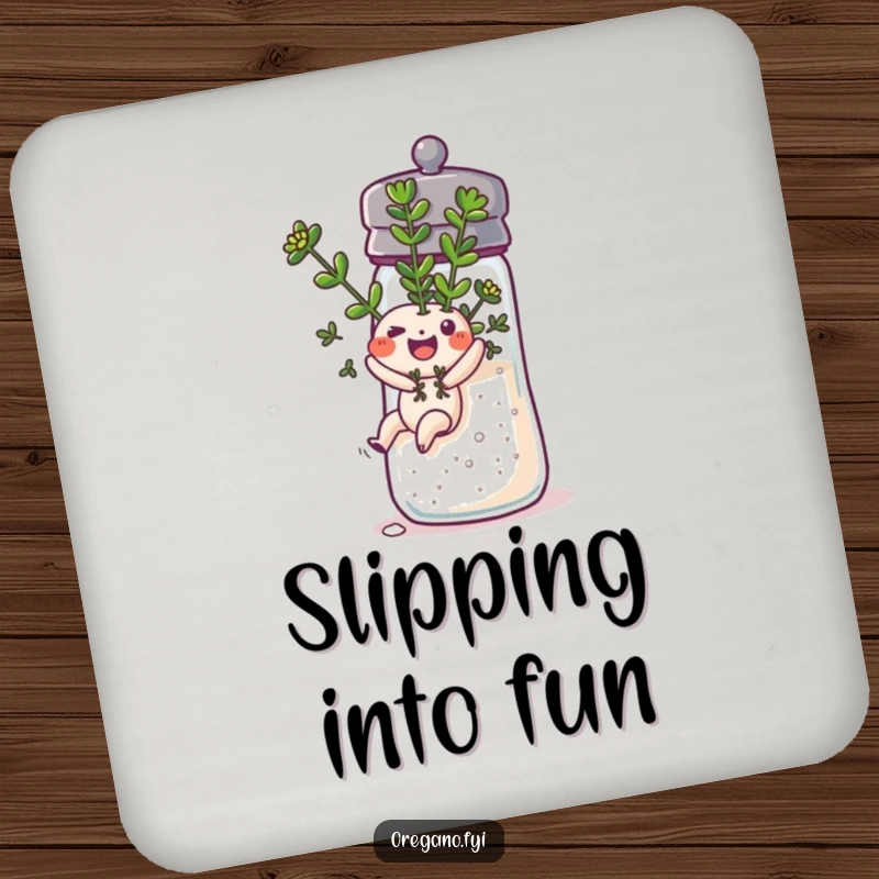 Funny oregano sprig sliding down a salt shaker on a drink coaster, adding humor and surface protection.
