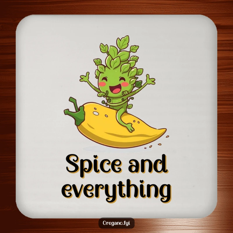 Funny drink coaster set featuring an oregano leaf character riding a rolling pepper flake, adding spicy humor and surface protection.
